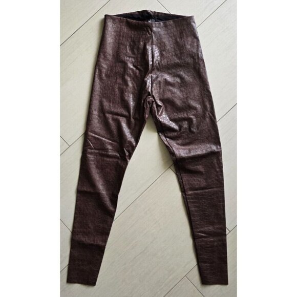 Womens Faux Leather Croc Print Leggings By Ookie & Lala - Brown - Picture 1 of 4